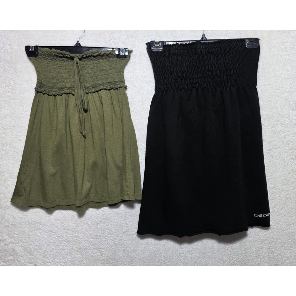 Bebe & SO Smocked Tube Top Bundle Black Olive Green Strapless Sz M Y2K Boho